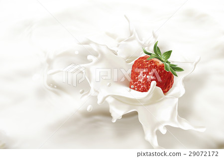 Strawberry falling into a sea of milk, causing a splash. Strawberry falling into a sea of milk, causing a splash. 29072172