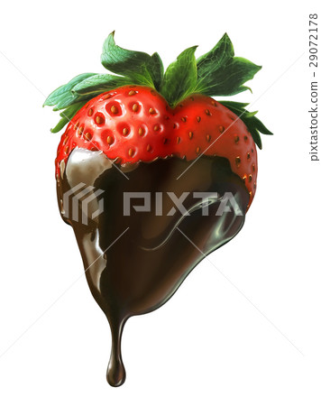 Strawberry shaped as the heart, half covered of liquid chocolate dripping. Strawberry shaped as the heart, half covered of liquid chocolate dripping. 29072178
