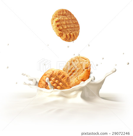 Two cookies biscuits falling into milk splashing. Two cookies biscuits falling into milk splashing. 29072246