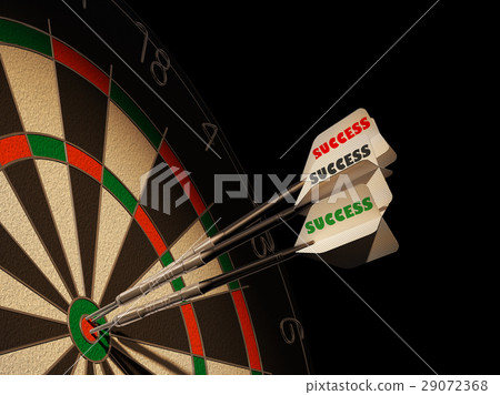 Dartboard with three darts in center target. 29072368