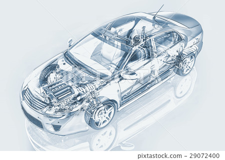Generic sedan car detailed cutaway representation, with ghost effect, in pencil drawing style, on neutral backgound. 29072400