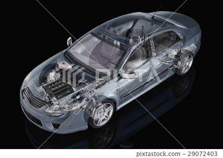 Generic sedan car detailed cutaway representation, with ghost effect, on black backgound. 29072403