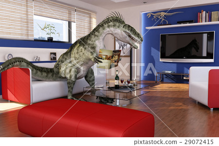 Modern livingroom with a theropod dinosaur, sitting on the sofa, reading a dinosaurs book. 29072415