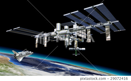 Space station in orbit around Earth, with Shuttle. 29072416
