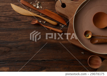 Composition of kitchen devices on wooden table 29078175