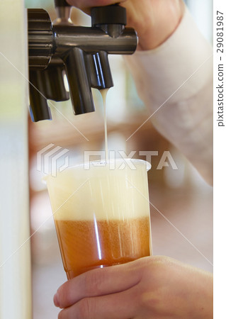 Draft beer pouring in beer garden with beer server Draft beer pouring in beer garden with beer server 29081987
