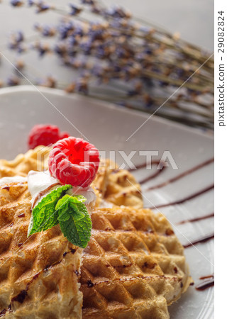 Belgium waffle topped with chocolate topping Belgium waffle topped with chocolate topping 29082824