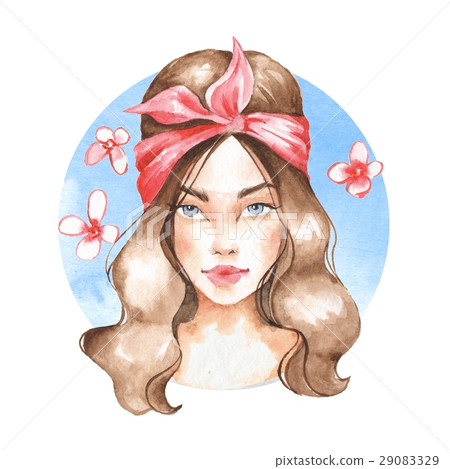 Summer girl. Hand drawn watercolor female face Summer girl. Hand drawn watercolor female face 29083329