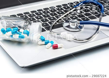Medical Research, stethoscope and Capsule laptop Medical Research, stethoscope and Capsule laptop 29087224