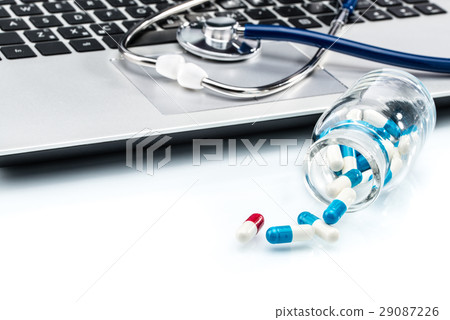 Medical Research, stethoscope on laptop keyboard Medical Research, stethoscope on laptop keyboard 29087226