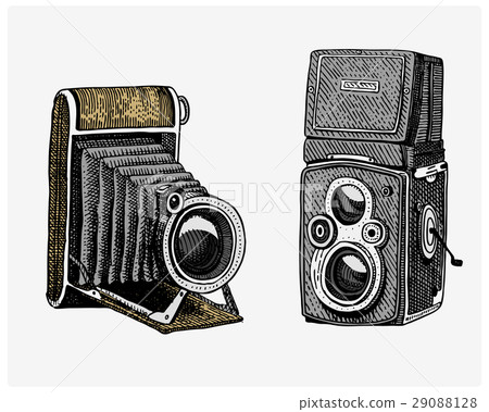Photo camera vintage, engraved hand drawn in 29088128