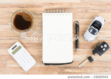 Toy car with notebook, calculator and coffee Toy car with notebook, calculator and coffee 29089563