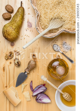 Ingredients for rice with pears, walnuts and honey Ingredients for rice with pears, walnuts and honey 29093543