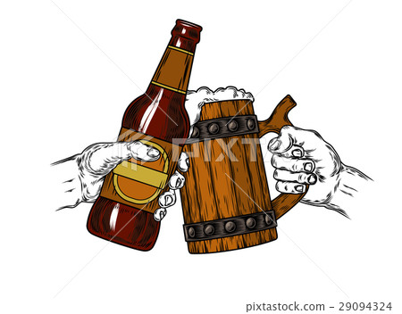 Mug of beer with foam and a brown bottle  29094324