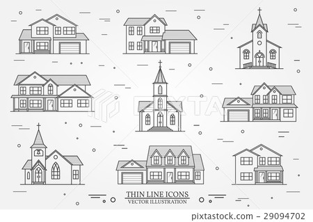 Set of vector thin line icon suburban american Set of vector thin line icon suburban american 29094702