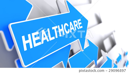 Healthcare - Inscription on Blue Pointer. 3D. 29096897