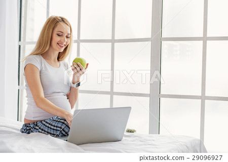 Smiling future mother using computer Smiling future mother using computer 29096927