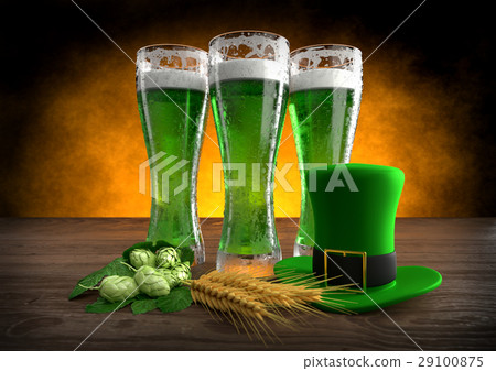 St Patrick's Day concept, green beer, hat. 3D 29100875