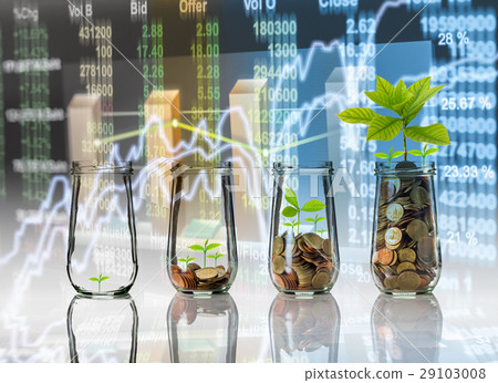 Gold coins and seed in clear bottle on Stock market exchange data on LED display background, Business investment growth and trading concept 29103008