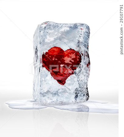 Red heart into an ice brick, over a white surface with some water pool. 29107791