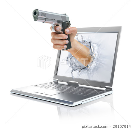 Man's hand holding gun, splashing out from laptop screen. 29107914