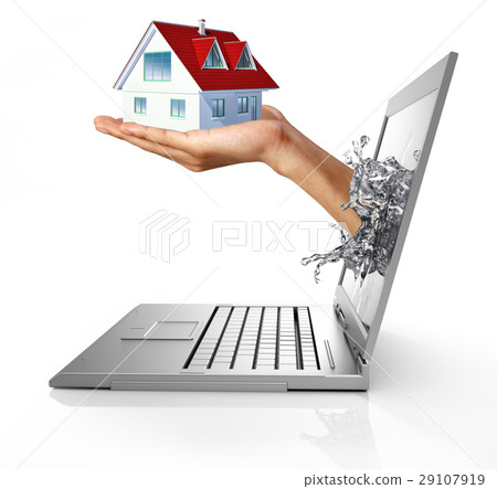 Human hand with a house on it, coming out from computer screen. Human hand with a house on it, coming out from computer screen. 29107919