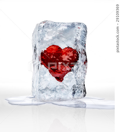 Red heart into an ice brick, over a white surface with some water pool. Red heart into an ice brick, over a white surface with some water pool. 29109369