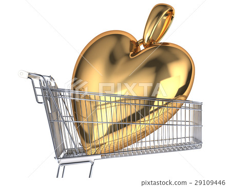 Supermarket trolley with a very big gold heart pendant inside it. Supermarket trolley with a very big gold heart pendant inside it. 29109446