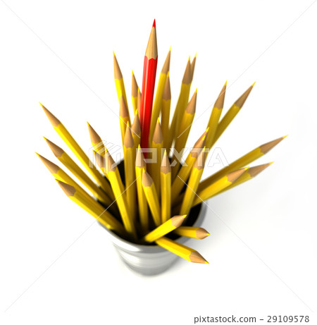 Group of many yellow pencils into a bin, with one red pencil standing out. 29109578
