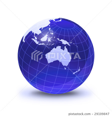 Earth globe stylized, in blue color, shiny and with white glowing grid. On white surface with dropped shadow. Oceania view. 29109847
