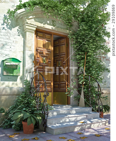 Classic house front door with stairs. 29109869
