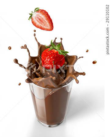 Chocolate cubes splashing into a chocolate milkshake glass. 29110102