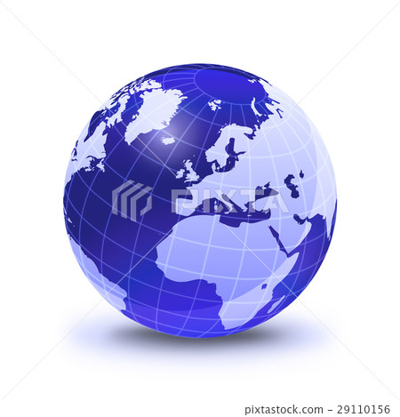 Earth globe stylized, in blue color, shiny and with white glowing grid. On white surface with dropped shadow. Europe view. 29110156