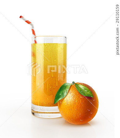 Orange juice glass with straw and a fruit on the floor. 29110159