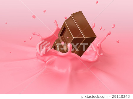 Chocolate blocks splashing into a pink milkshake. Chocolate blocks splashing into a pink milkshake. 29110243