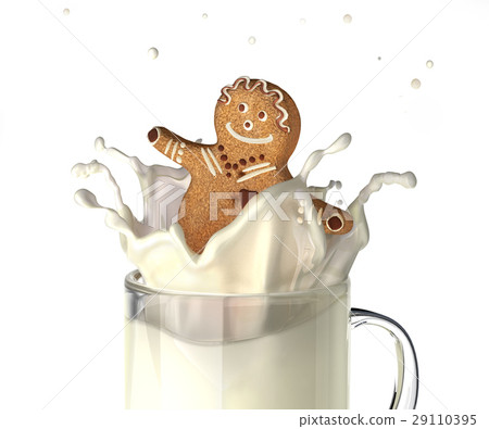 Sweet human character shaped bisquit, splashing into a glass mug full of fresh milk. 29110395