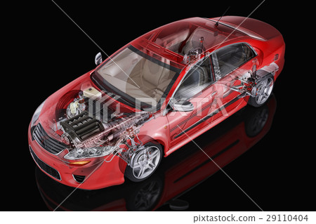 Generic sedan car detailed cutaway representation, with ghost effect, on black backgound. Generic sedan car detailed cutaway representation, with ghost effect, on black backgound. 29110404