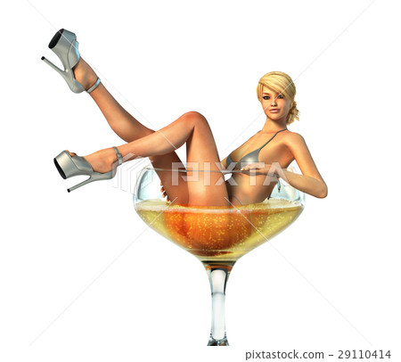 Pretty woman in bikini sitting inside a champagne glass. With clipping path. Pretty woman in bikini sitting inside a champagne glass. With clipping path. 29110414