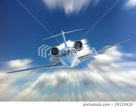 Private Jet airplane flying. Front view. 29110420
