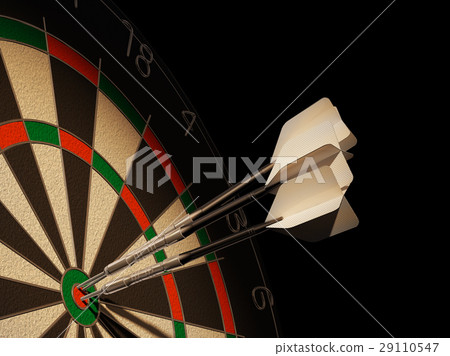 Dartboard with three darts in center target. 29110547