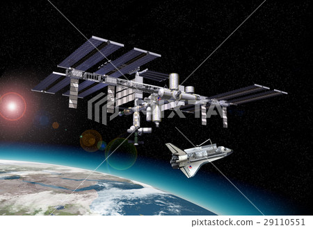 Space station in orbit around Earth, with Shuttle. 29110551