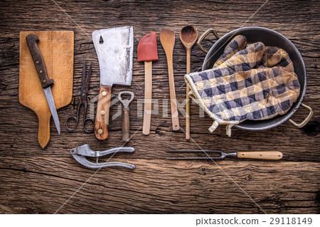 Top of view on Vintage kitchen utensils on table. Top of view on Vintage kitchen utensils on table. 29118149