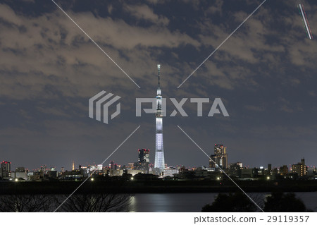 Tokyo Sky Tree "White Lighting" and the light trace of the rising aircraft Tokyo Sky Tree "White Lighting" and the light trace of the rising aircraft 29119357