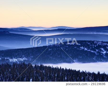 Inverse weather in mountains, fog. Mist winter 29119696