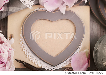 Wooden Heart Frame and Peony Flowers 29120227