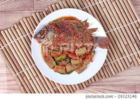 Deep-fried tilapia fish ,Spicy fried eggplant. Deep-fried tilapia fish ,Spicy fried eggplant. 29123146