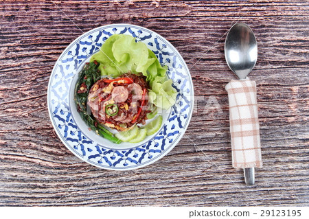 Fried organic black rice, Thai sour sausage,kale . Fried organic black rice, Thai sour sausage,kale . 29123195