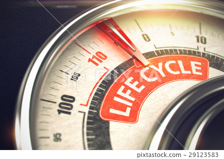 Life Cycle - Text on Conceptual Gauge with Red 29123583