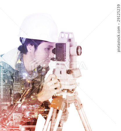 Double exposure of engineer working with survey equipment theodo 29125239