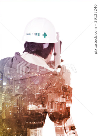 Double exposure of engineer working with survey equipment theodo 29125240